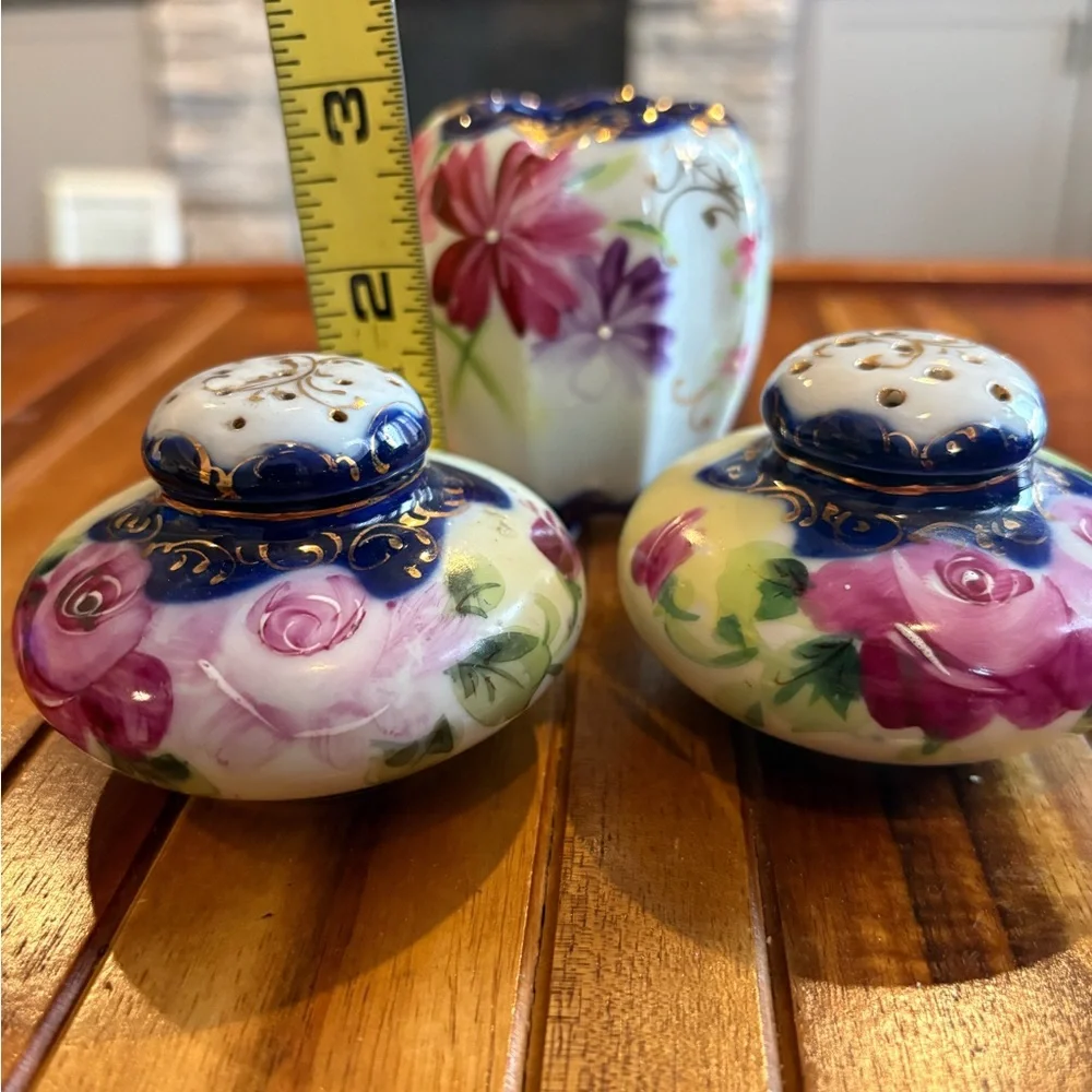 Vintage Japanese Floral Ceramic Vase Toothpick Holder and Shakers Set